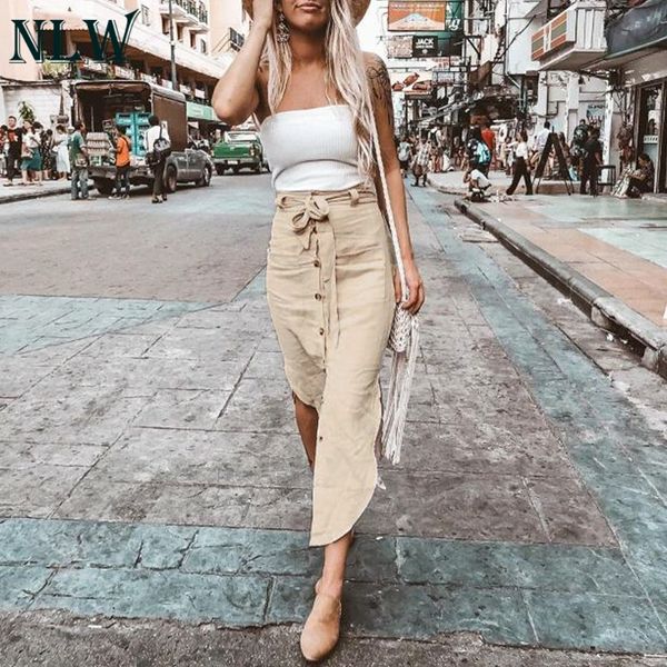 

nlw solid pocket beach skirts women casual midi skirt bow high waist mujer linen button skirt feminino, Black