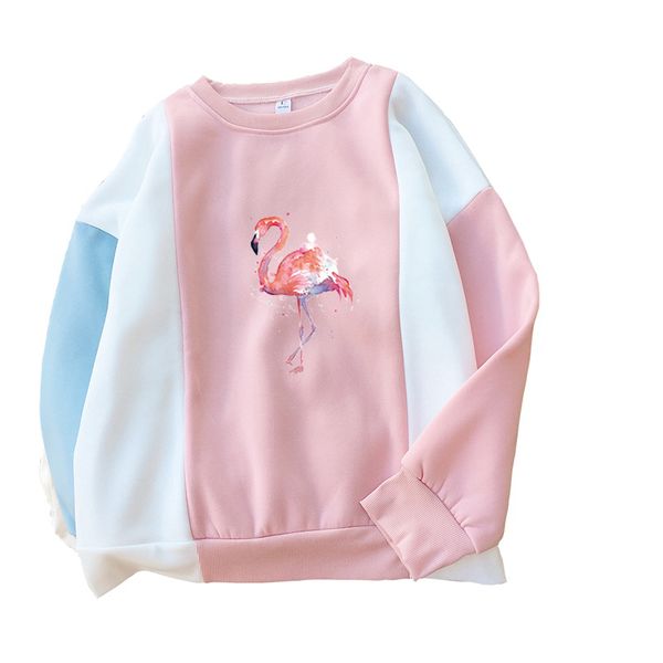 

harajuku fashion women fleece o-nck hoodies ladies long sleeve patchwork casual lovely flamingo streetwear sweatshirts pullovers, Black