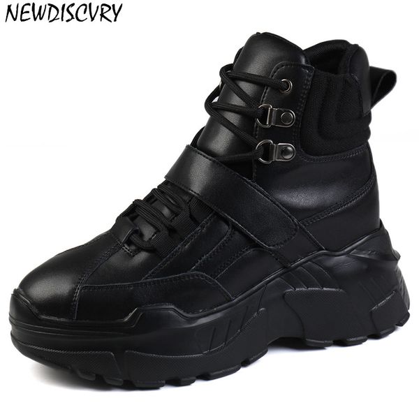 

newdiscvry genuine leather women's platform boots women ankle boot solid color ladies chunky shoes increase 8 cm shoes, Black