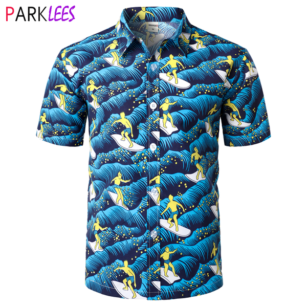 

men's casual shirts fashion sufing print shirt men 2021 summer short sleeve tropical aloha mens party holiday beach wear chemise, White;black