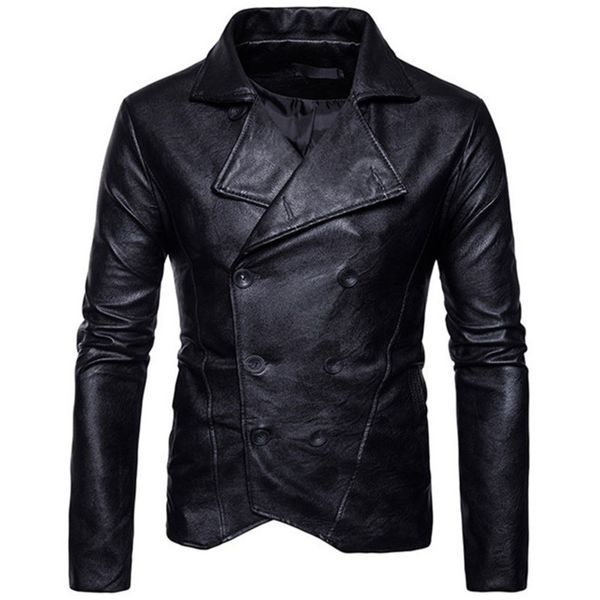 

double breasted coat jacket men 2018 new biker slim pu leather jackets mens blazer peacoat casual fashion korean brand clothing, Black