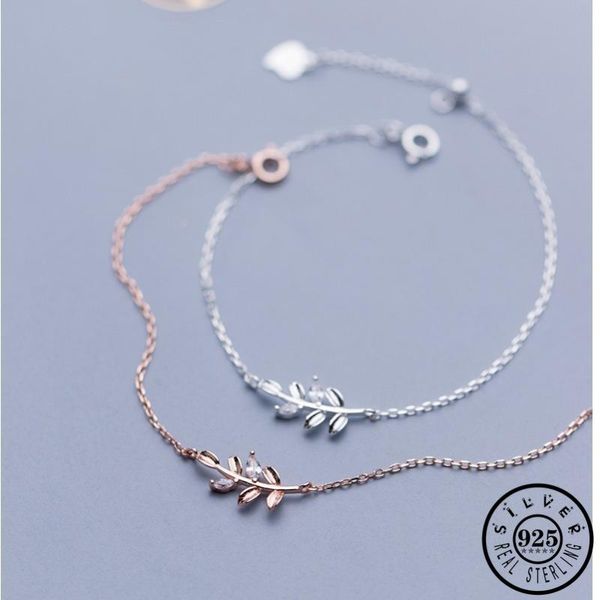 

fashion authentic 925 sterling silver leaf shape with cz stone rose gold color plated chain hand charm zircon bracelet for women, Golden;silver
