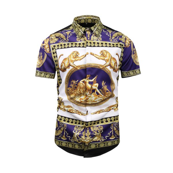 

True Reveler black gold purple men short sleeve shirts character angel flower blouse tiger panther shirts fashion leopard tops
