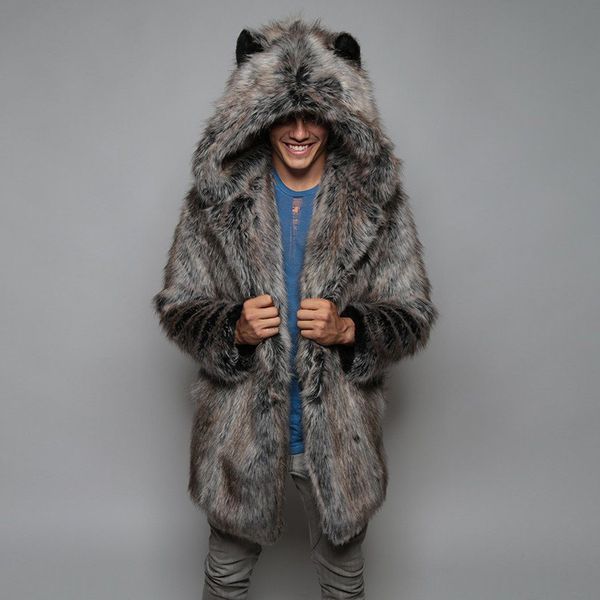 

winter cardigan mens overcoat warm thick faux fur coats with hood fur parka oversized men overcoat warm faux jacket men, Black