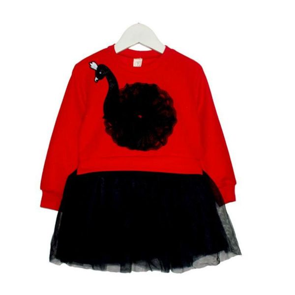 

new girl dress korean fashion lace cartoon swan stitching black mesh childrens princess dress girls dress plus velvet high quality, Red;yellow