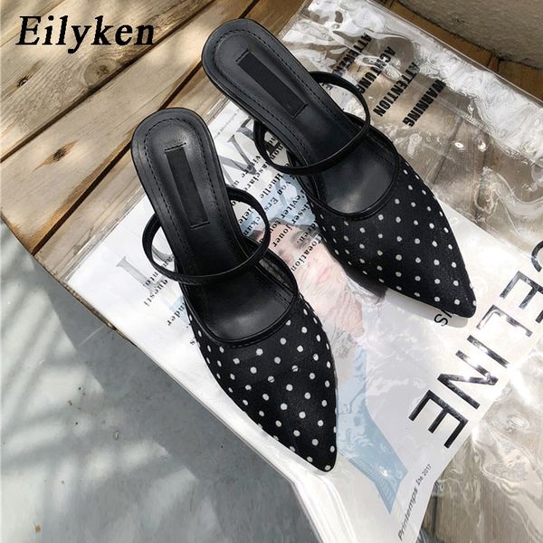 

eilyken 2020 summer outdoor women mules shoes transparent heel slippers lace mesh polka dot female pointed toe sandals, Black