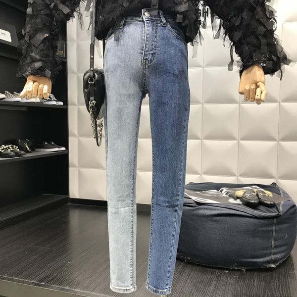 

2019 new fashion spring auttum panelled skinny women high waist ankle-length pencil jeans, Blue