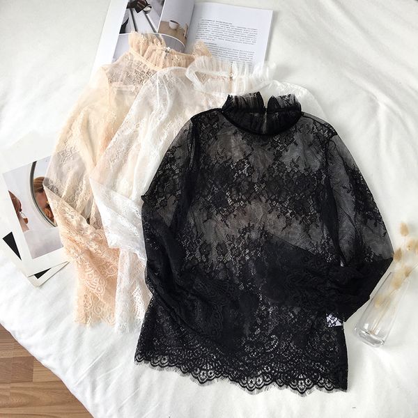 

2019 spring summer women hollow out mesh blouse sweet thin bottoming lace shirts female flare sleeve blouses blusas ab1348, White