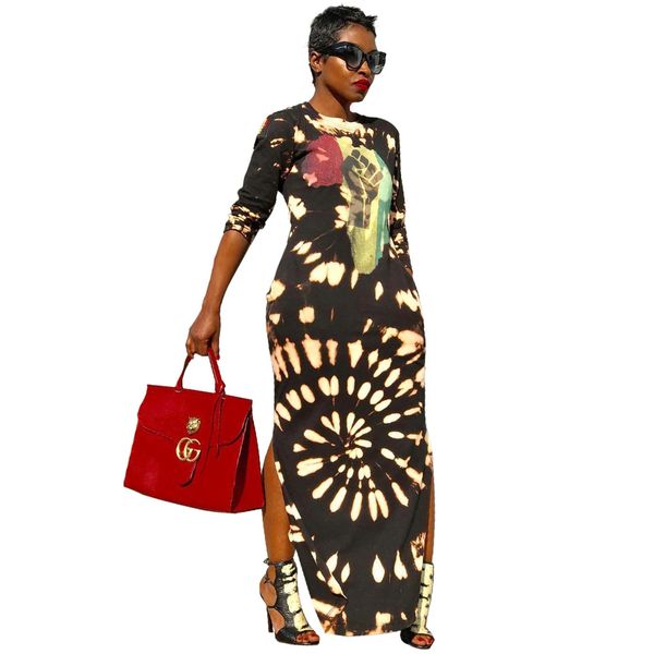 

women floral long dress o-neck split pencil dresses casual spring long sleeved sheath dress, Black;gray