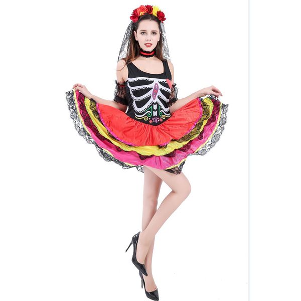 

woman's skeleton day of the dead bride dress halloween cosplay costume halloween ghost bride fancy dress, Black;red