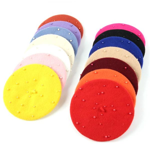 

fashion girls pearly hat warm beret children kids painter hat cap for girls candy color winter touca drop shipping, Yellow