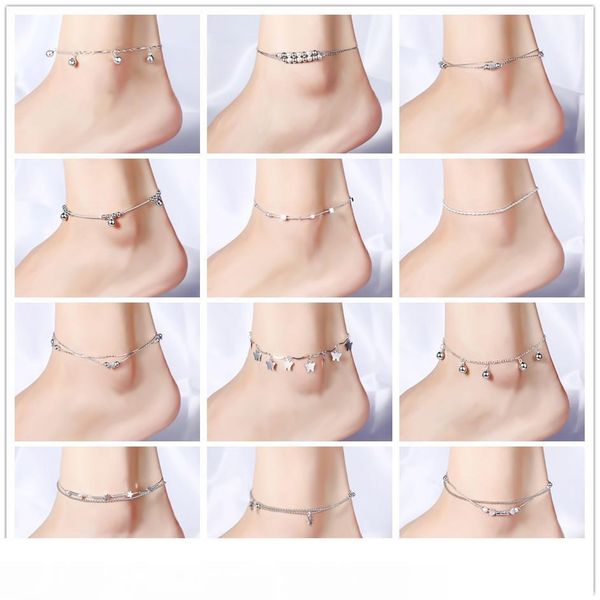 

2016 mixed 13 styles 925 sterling silver beach anklet trendy cross star beads double layers boot foot bracelet jewelry for women, Red;blue