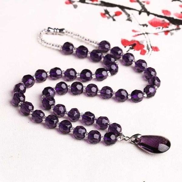 

silver plated water drop natural purple amethysts crystal pendant long beads chain necklace for elegant women jewelry