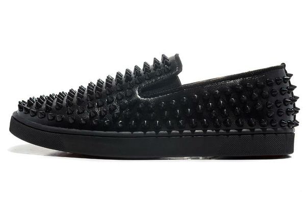 

new designer fashion designer brand studded spikes flats shoes red bottom casual shoes men and women party lovers genuine leather sneakers, Black