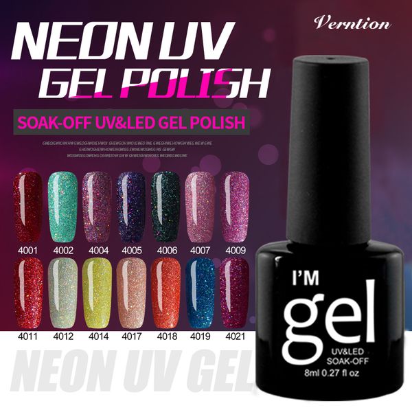 

verntion 8ml healthy glitter neon gel polishes semi permanent uv lamp varnish all for manicure nail art design and base gel, Red;pink