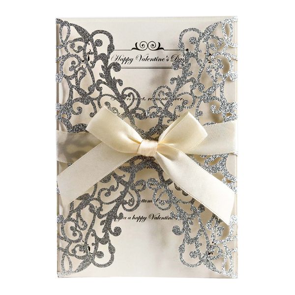 

10pcs with ribbon bowknot wedding party cover hollowed out greeting glitter holiday engagement paper diy elegant invitation card