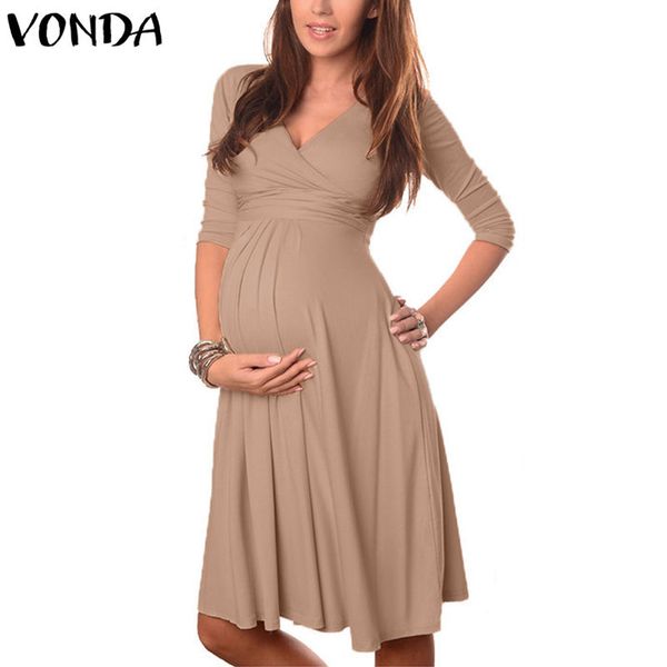 

vonda maternity clothes 2019 summer pregnant women dress casual v neck 3/4 sleeve solid a-line dresses vestidos plus size y190522, White