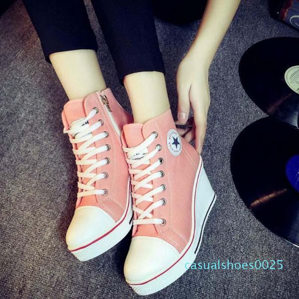 

wholesale- must have plus size 35-42 canvas shoes women wedge height increasing zip lace up 8cm height platform casual zapatos mujer c25, Black