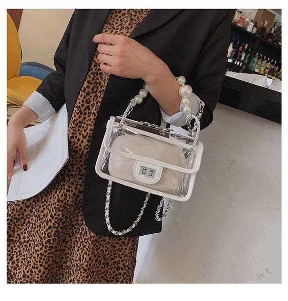 

casual transparent pvc pearls chains handbags women's clear jelly shouler bags ladies pu leather totes women composite flap 2019