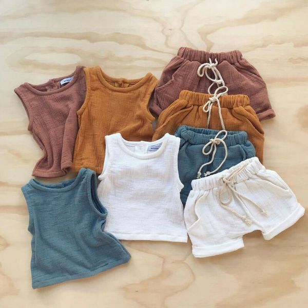 

2020 fashion summer kids baby girls boys outfit suit cotton clothes set toddler solid casual vest short pants 2pcs set, White