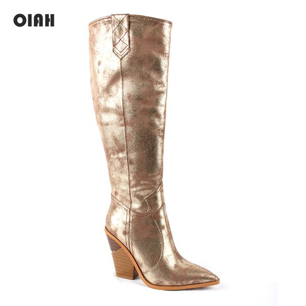 

gold cowboy kine high boots for women wedge high heel boots pointed toe western cowgirl 2019 woman autumn winter shoes, Black
