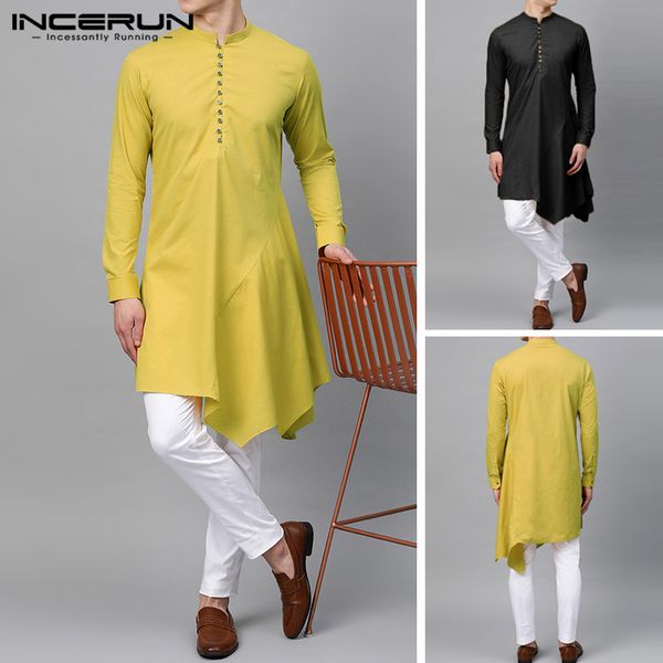 

incerun 2020 men long shirt clothes vintage solid color long sleeve kurtas mens asymmetric shirts elegant muslim robes, White;black