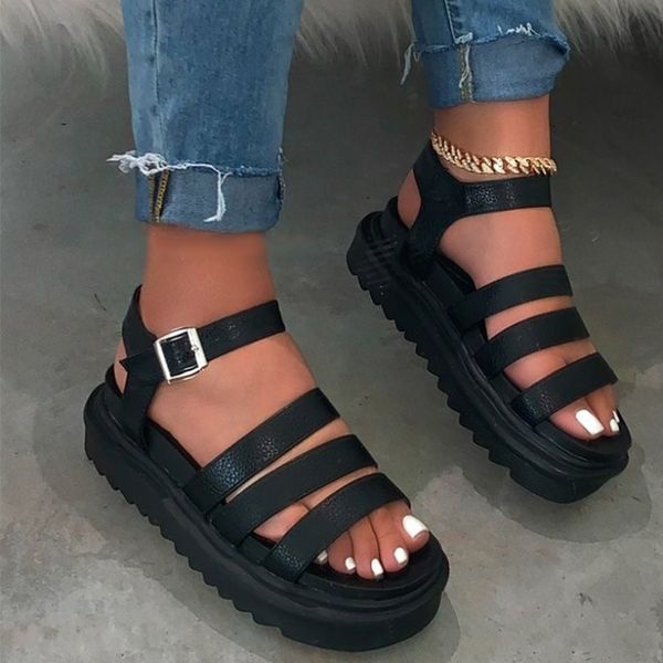 

metal buckle travel spring/summer new women 2020 three-layer leather bottom non-slip sandals outdoor platform sandalia feminina, Black