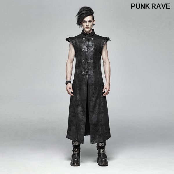 

punk placket pu leather visual kei buckle black long vests popular armor coating crack woven men vest coat punk rave wy-1018mjm, Black;white