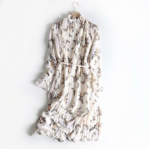

2020 new fashion print floral chiffon pleated dress a line empire full o neck knee length casual women dress, Black;gray