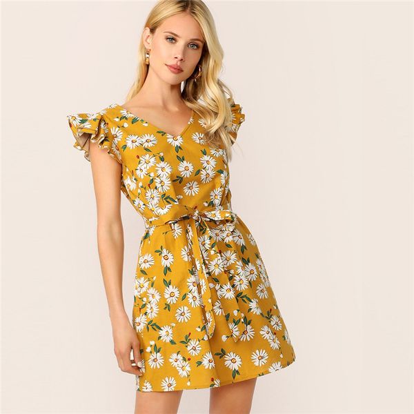 

fahion women casual dress lotus leaf border daisy print lace v-neck summer dress for women 2020 new arrival s-xl, Black;gray