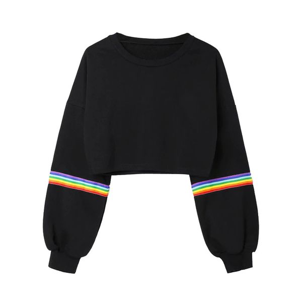

womens sweatshirts kwaii korean style long sleeve rainbow striped crop short sweatshirt for women jumper pullover 0802, Black