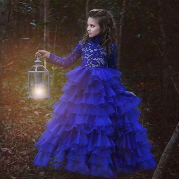 Royal Blue Long Maneves Cascading Flower Girl Vestidos Lace Applique Meninas Pageant Dress Primeiro Santo Comunhão Vestidos De Partido