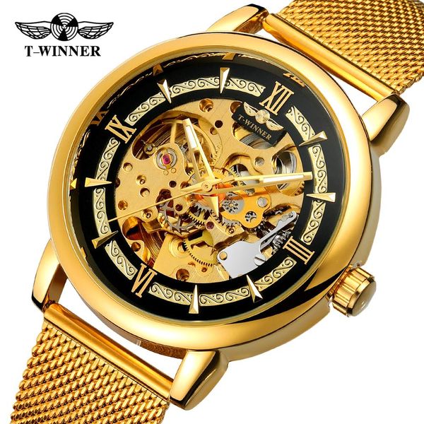 

winner ultra thin golden men mechanical watch mesh strap skeleton men classic business wristwatch heren horloge, Slivery;brown