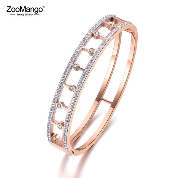 

zoomango luxury shining rhinestone & cz crystal lovers stainless steel bangle jewelry for women rose gold cuff bracelets zb19002, Black