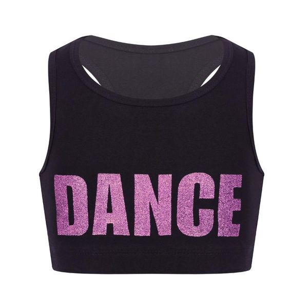

kids girls sleeveless shiny letters dance printed crop dancewear stage performance costume sports bra gymnastics ballet top, Black;red