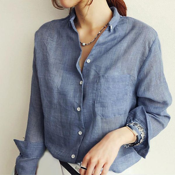 

autumn women solid color button down long sleeve blouse thin linen shirt top, White