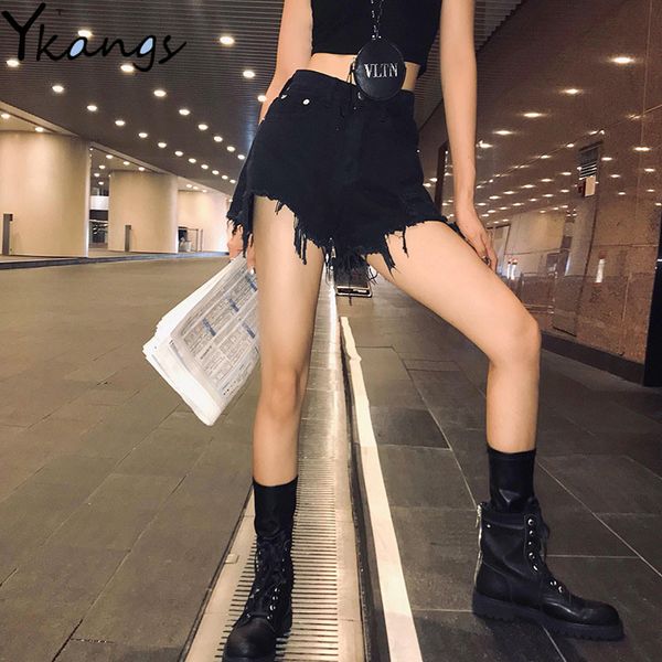 

women's shorts summer irregular cool tassel women denim female harajuku black fringed high waist plus size short jeans streetwear, White;black