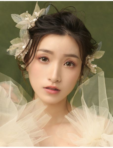 

bridal tiara mori light pink flower head flower hair knot wedding dress super fairy hair dress toast clothing match, Golden;white
