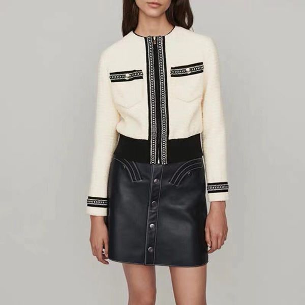 

2019 fall autumn long sleeve round neck contrast color tweed panelled buttons coat coats women jackets outwear coats o1021195m, Black;brown