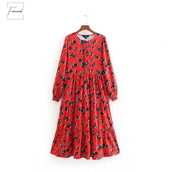 

women midi dresses floral print mid calf dress long sleeve o neck pleated casual female v neck vestidos mujer qb295, Black;gray