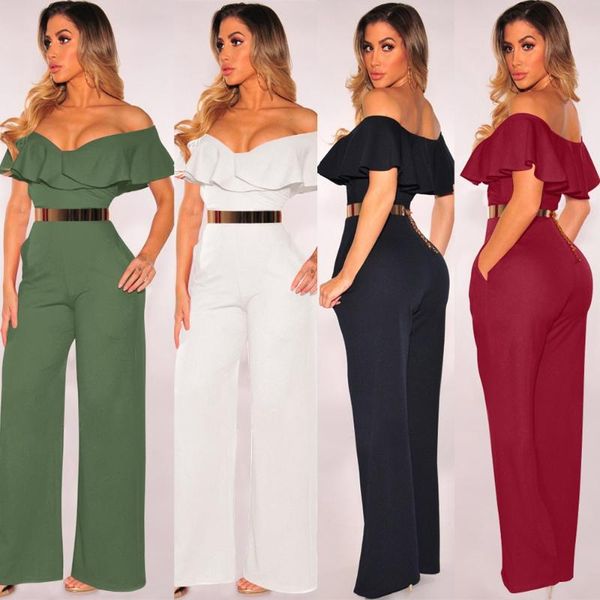 

2019 new autumn women jumpsuits backless hollow out sequined sashes rompers femmle black white wide loose ruffled jumpsuits