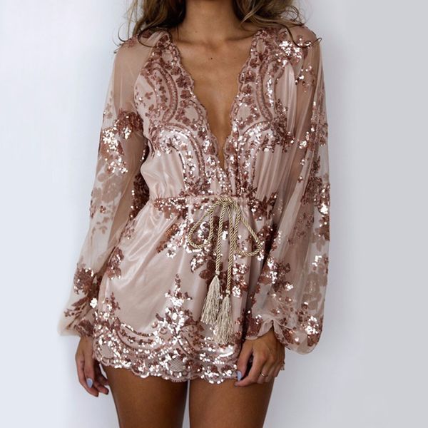 

style v neck sequined playsuit women deep v sequins jumpsuit long sleeve perspective short pant one-piece shorts #20, Black;white