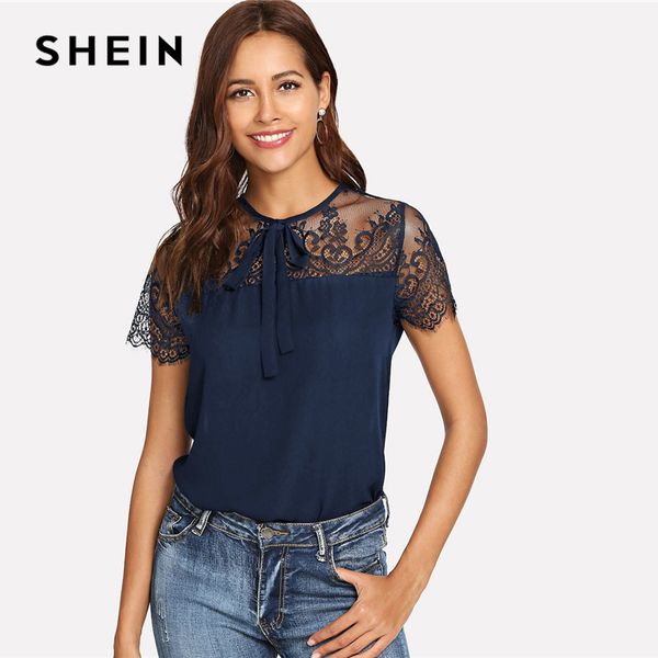 

shein navy tie neck lace shoulder contrast mesh button blouse spring weekend casual round neck women and blouses, White