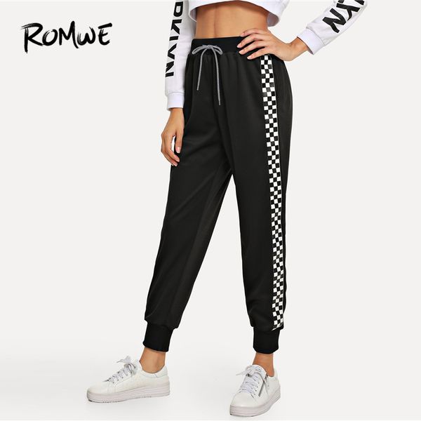 

romwe black drawstring waist plaid panel pants women casual autumn high waist bottoms sporty sweatpants female sports trousers y190502, Black;white