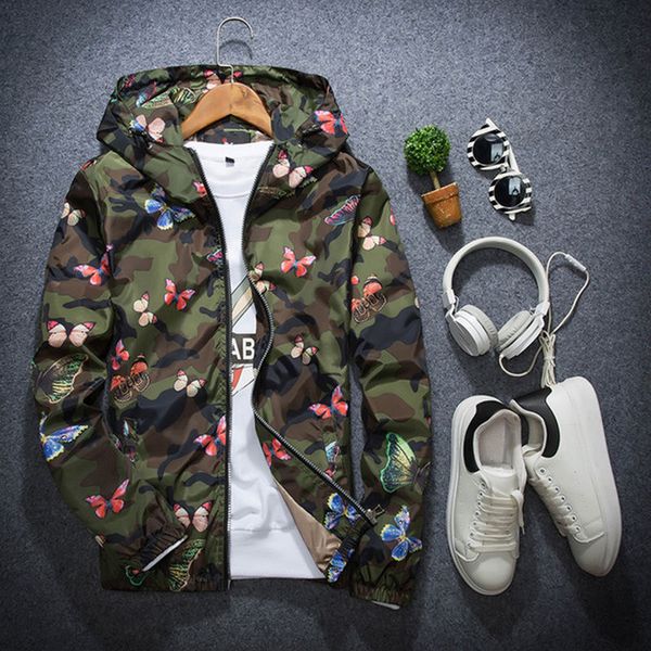 

mens summer camo windbreaker jacket thin male camouflage coats 2020 new spring autumn hooded butterfly windbreaker, Tan;black
