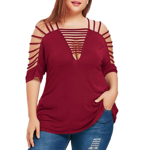 

new tshirt plus size 5xl hollow out v-neck shirt short sleeve cut out strappy women's tunic blusas mujer de moda 2019, White