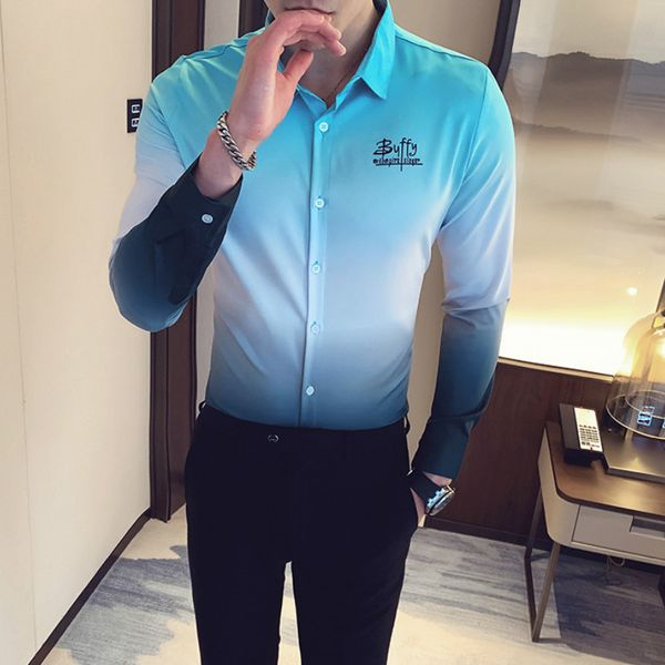 

2020 градиентная рубашка мужчины с длинным рукавом корейский повседневный slim fit мужские рубашки формальные социальные блузки уличная одеж, White;black