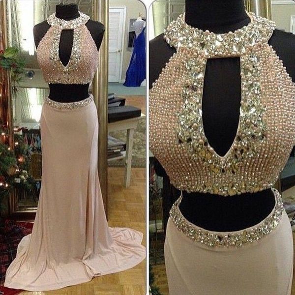 

Sexy Two Pieces Prom Dresses Mermaid 2018 Real Image Pearls Beads Rhinestones Cheap Crop Top Long Formal Evening Party Gowns