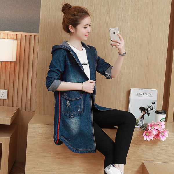 

m-3xl 2019 autumn new fashion vintage ripped oversized jeans jacket coat female hooded long denim jackets for women female, Black;brown