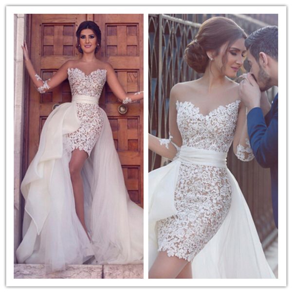 

2020 sheer neck long sleeves lace appliques a-line wedding dresses modest lace mini bridal gowns with overskirt formal robe de mariee, White